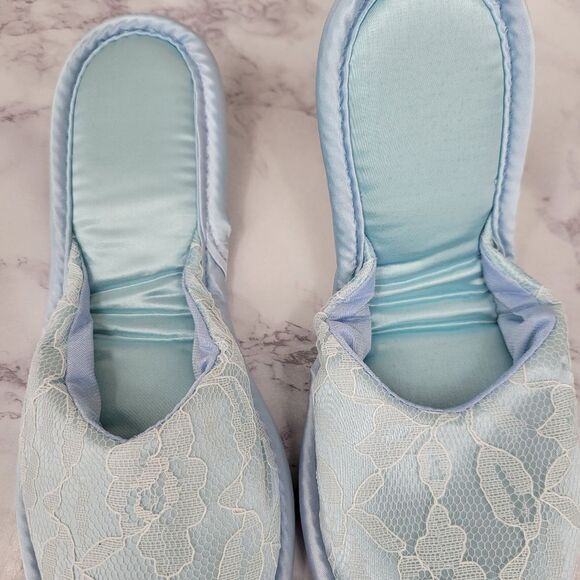 Vintage Blue Satin and Lace Women's House Slippers 60s Peep Toe - Picture 5 of 12